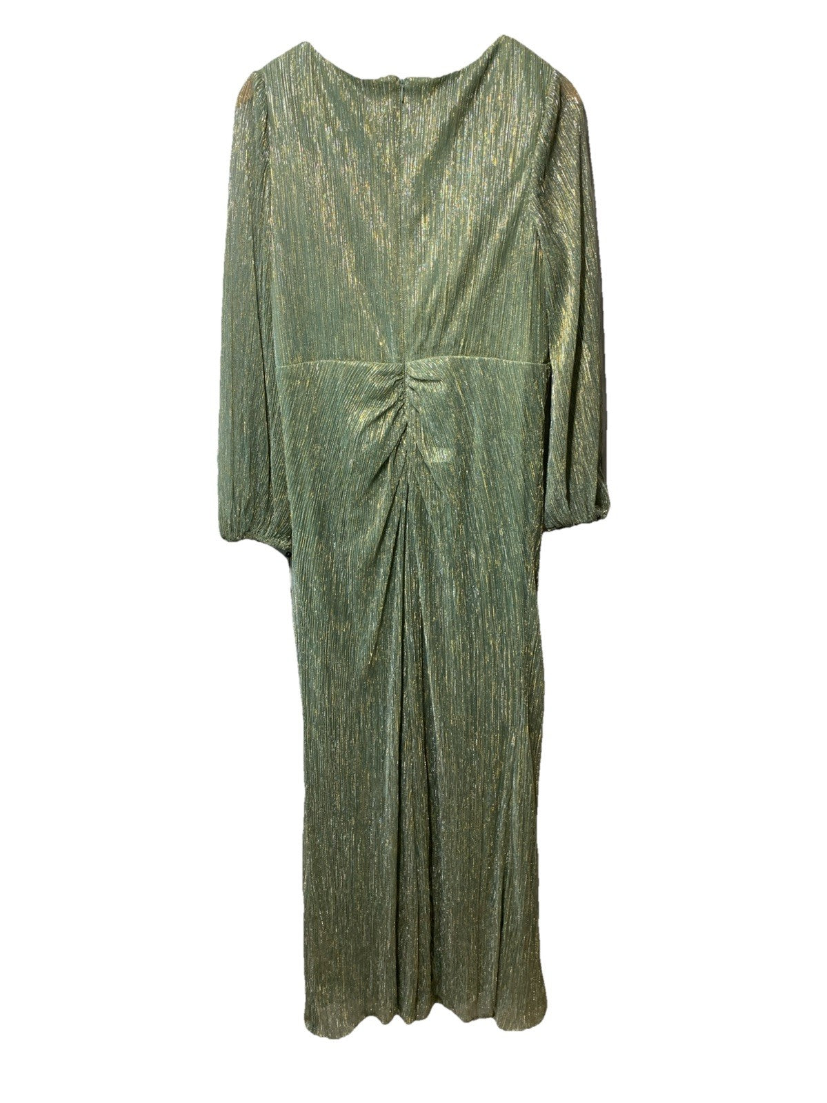 Adrianna Papell Womens Greenslate Metallic Mesh Draped Gown Dress Long Sleeve 14