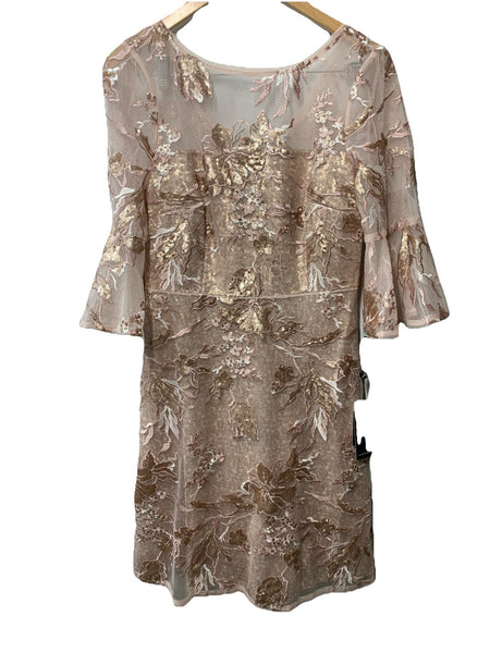 Adrianna Papell Blush Dress Floral Embroidered Bell Sleeve Wedding Formal Size 8