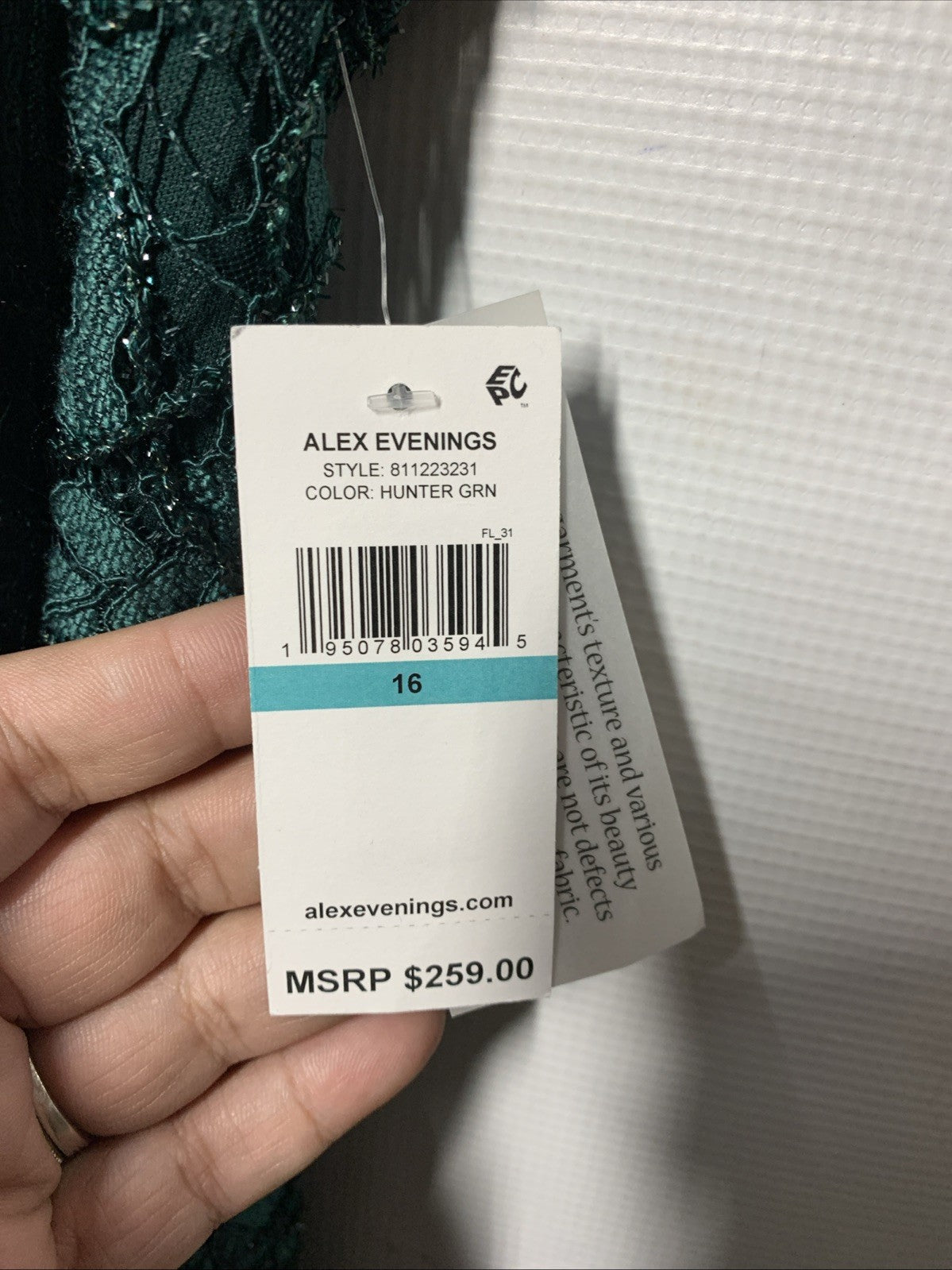 Alex Evenings Women's Long Rosette Dress Short Sleeves Hunter Green Size 16