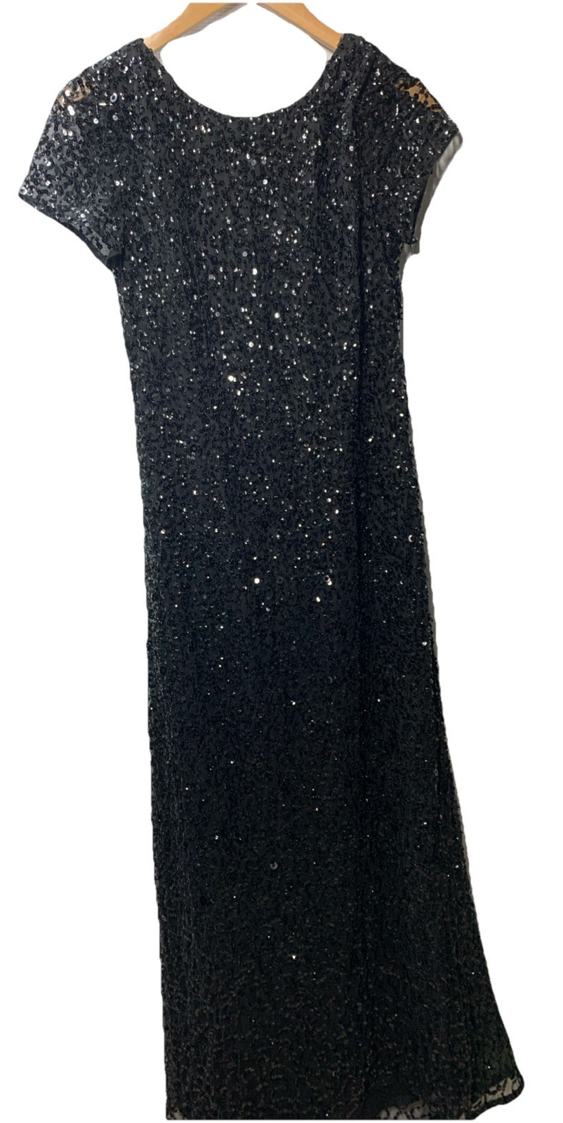 Adrianna Papell Womens Short Sleeve All Over Sequin Gown Scoop Back Black Size 8