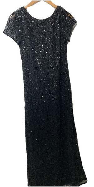 Adrianna Papell Womens Short Sleeve All Over Sequin Gown Scoop Back Black Size 8