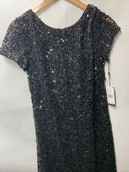 Adrianna Papell Womens Short Sleeve All Over Sequin Gown Scoop Back Black Size 8