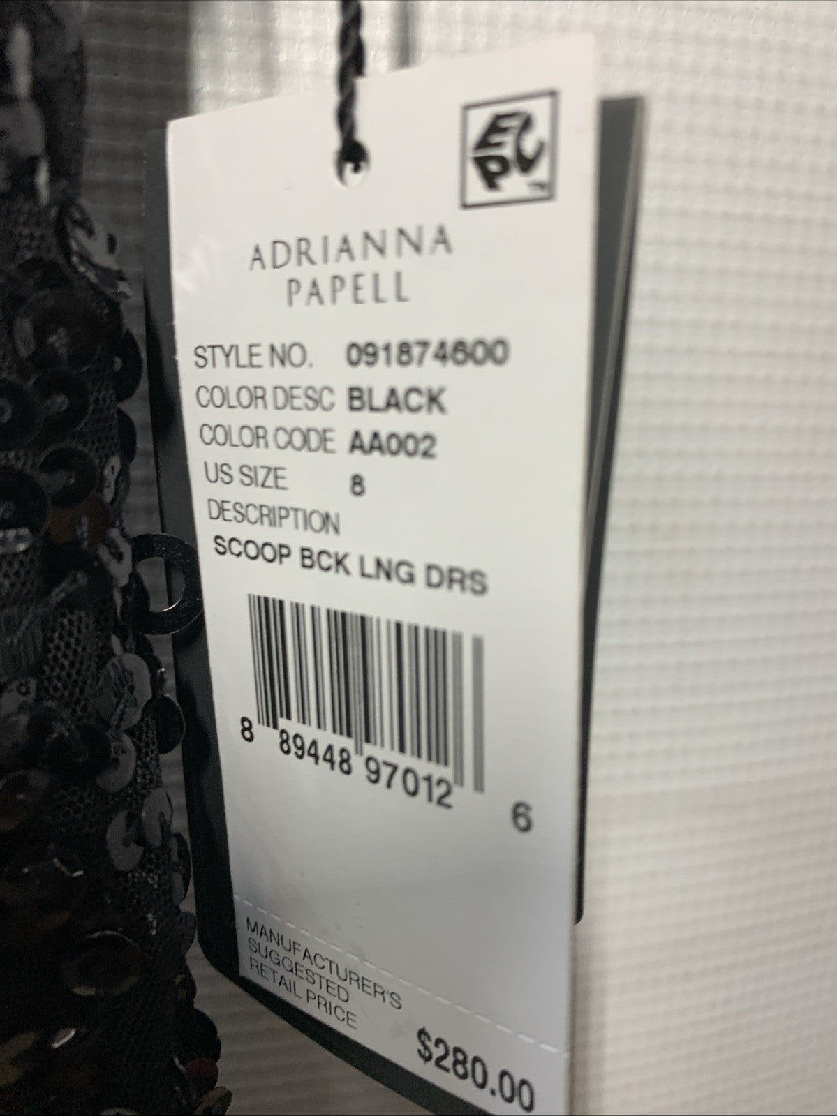Adrianna Papell Womens Short Sleeve All Over Sequin Gown Scoop Back Black Size 8
