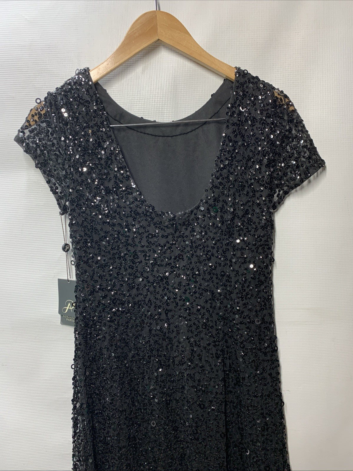 Adrianna Papell Womens Short Sleeve All Over Sequin Gown Scoop Back Black Size 8