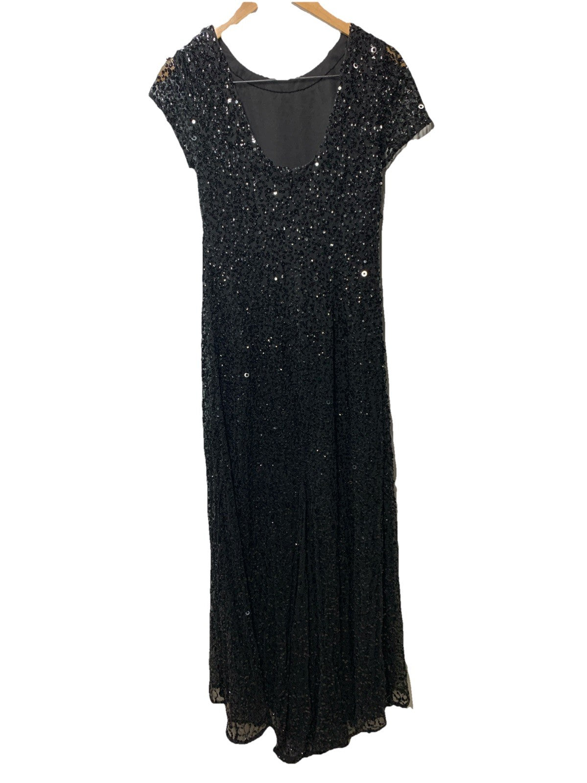 Adrianna Papell Womens Short Sleeve All Over Sequin Gown Scoop Back Black Size 8