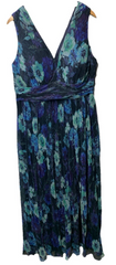 R&M Richards Long Crinkle Pleated Floral Dress Sleeveless 16W Navy/Periwinkle