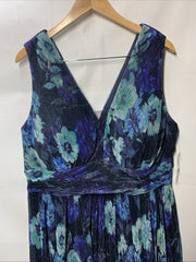 R&M Richards Long Crinkle Pleated Floral Dress Sleeveless 16W Navy/Periwinkle