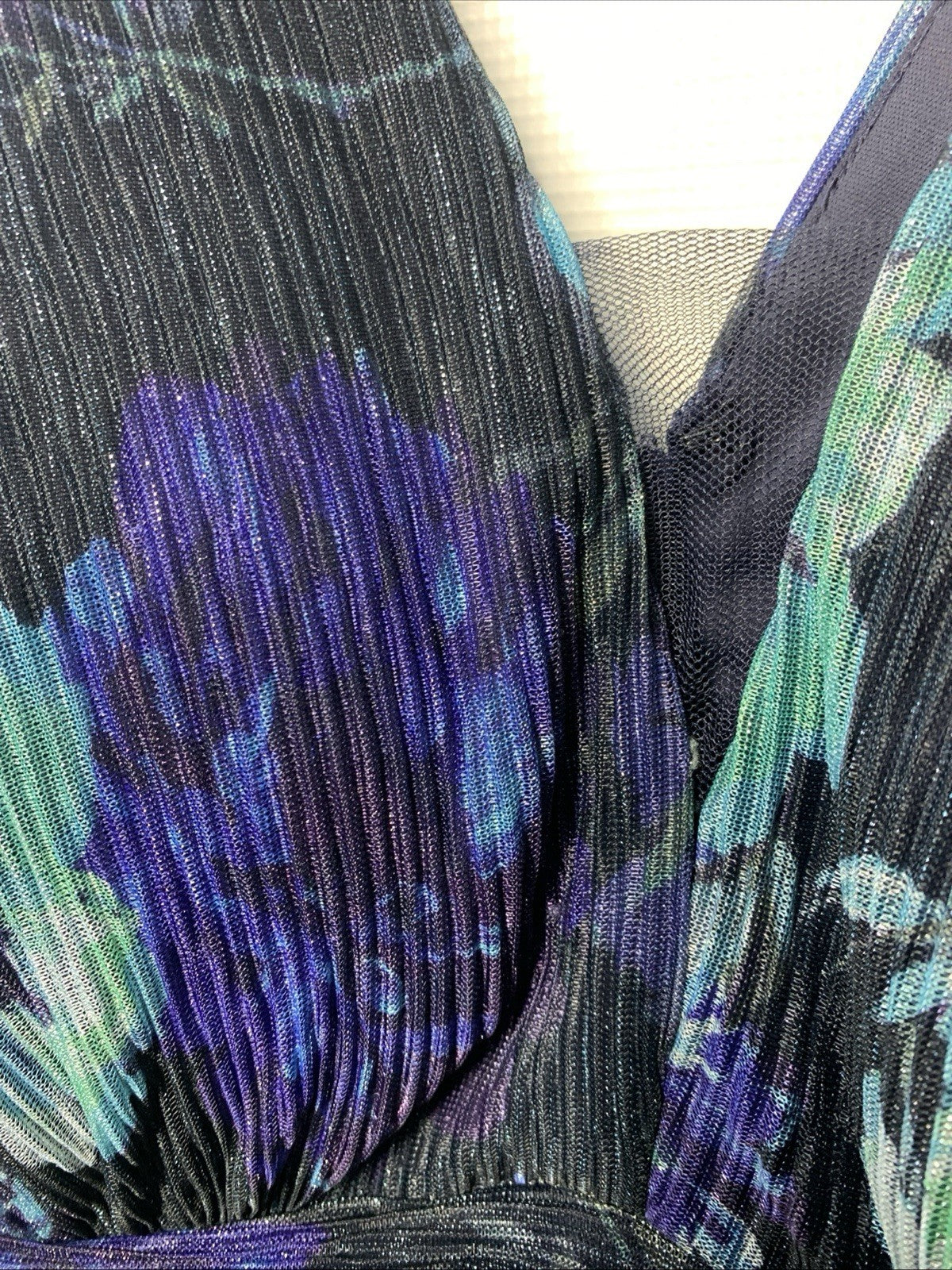 R&M Richards Long Crinkle Pleated Floral Dress Sleeveless 16W Navy/Periwinkle