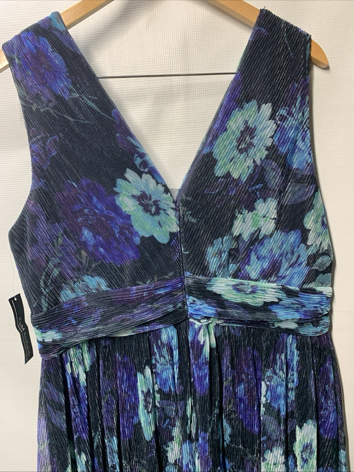 R&M Richards Long Crinkle Pleated Floral Dress Sleeveless 16W Navy/Periwinkle
