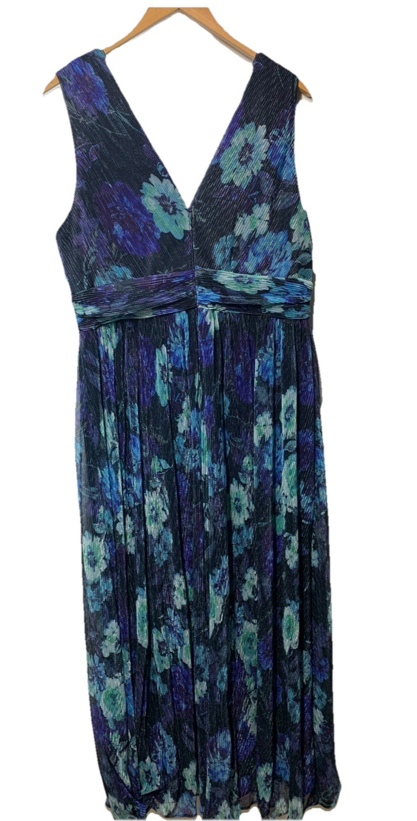 R&M Richards Long Crinkle Pleated Floral Dress Sleeveless 16W Navy/Periwinkle