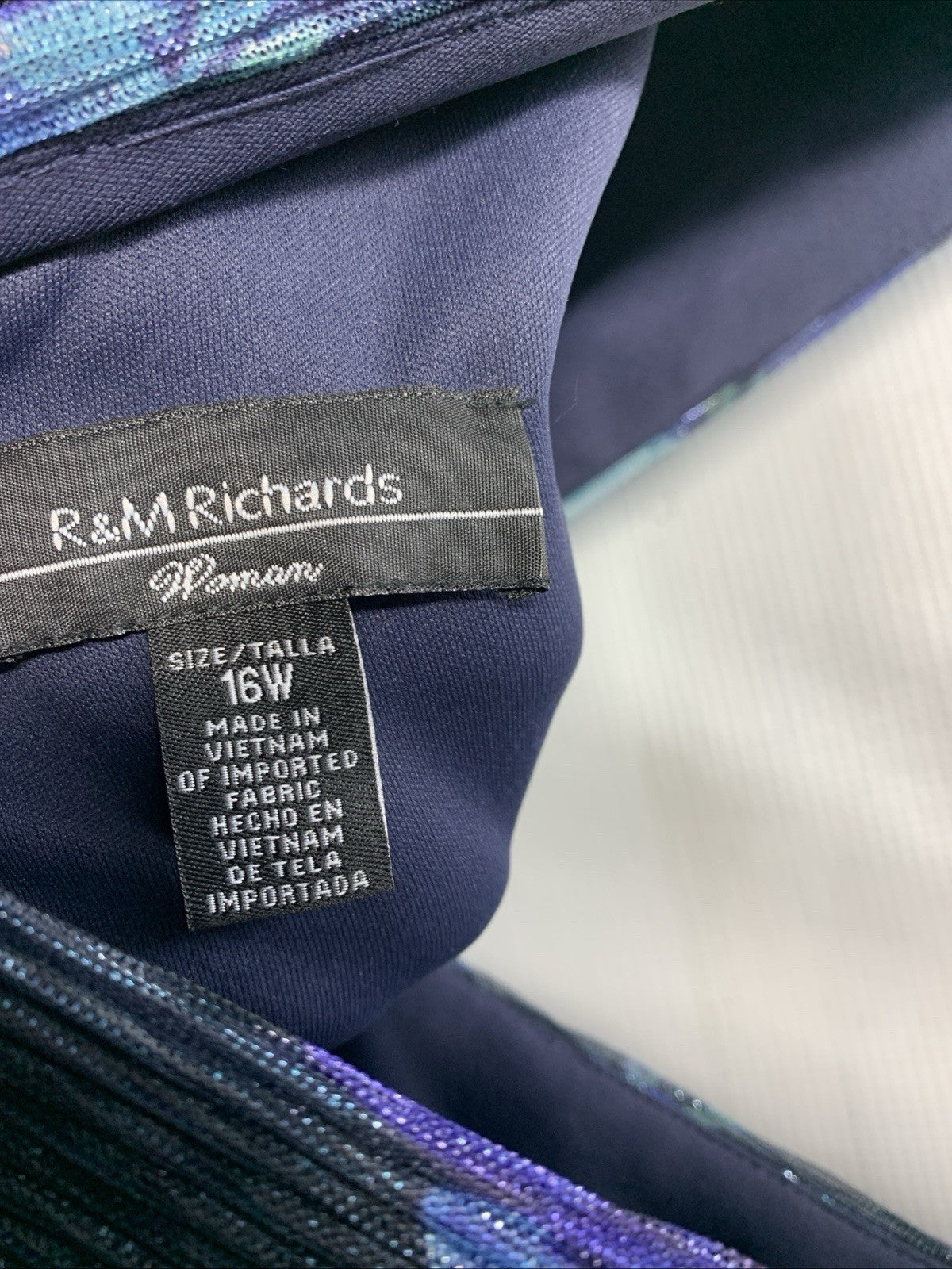 R&M Richards Long Crinkle Pleated Floral Dress Sleeveless 16W Navy/Periwinkle