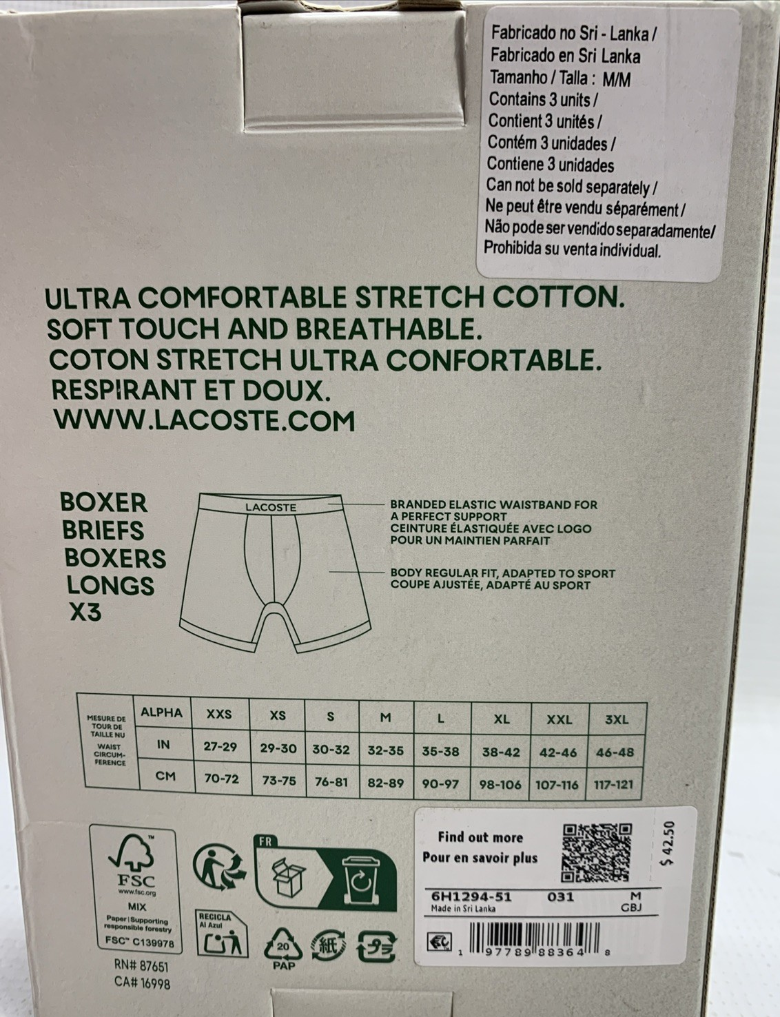 Lacoste Cotton Stretch Boxer Brief Underwear Soft Touch Breathable Size M 3 PACK