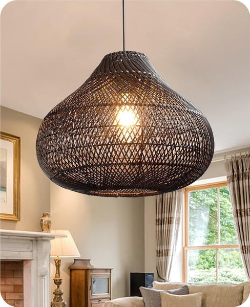 Karjear Black Rattan Chandelier 16.5 inch Large Wicker Pendant Lights Fixture