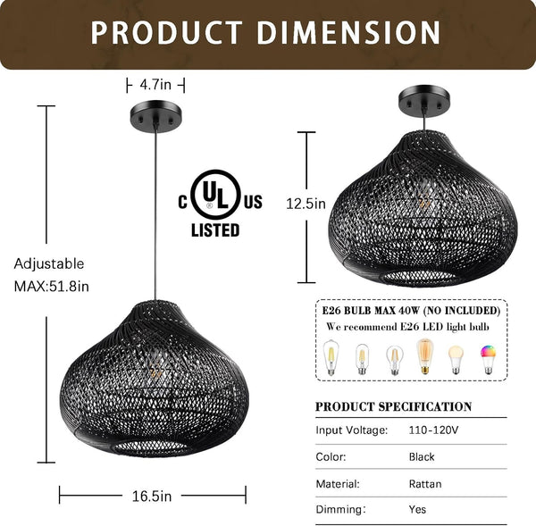 Karjear Black Rattan Chandelier 16.5 inch Large Wicker Pendant Lights Fixture