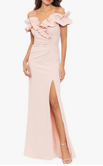 Xscape Womens Long Stretch Scuba Crepe Ruffle Collar Ruched Dress Evening Size 8