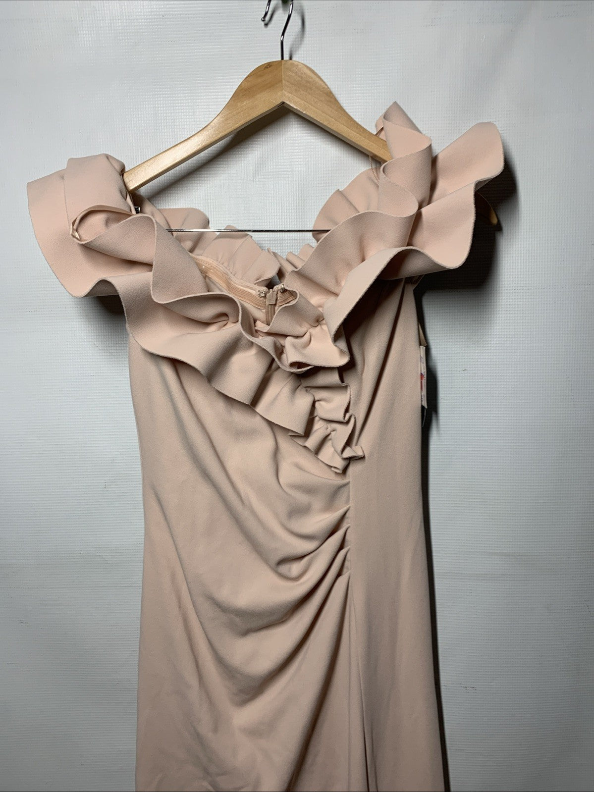Xscape Womens Long Stretch Scuba Crepe Ruffle Collar Ruched Dress Evening Size 8