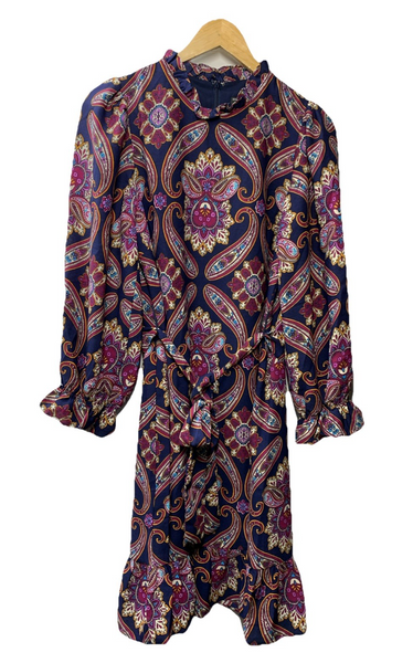 Maggy London Women's Long Sleeve Ruffle Mock Neck Dress with Waist Tie Size 8