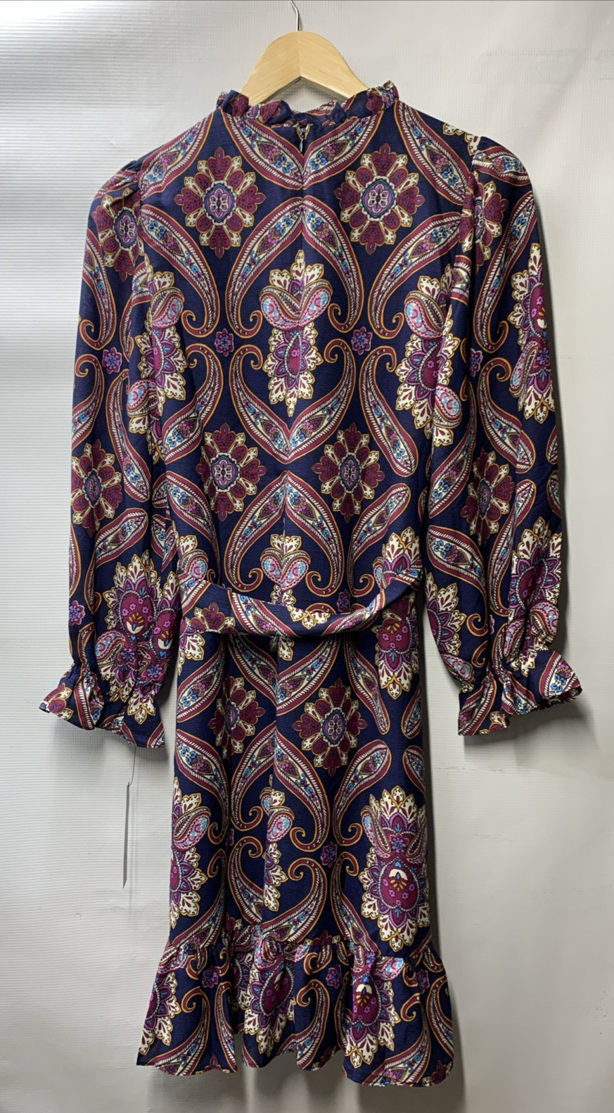 Maggy London Women's Long Sleeve Ruffle Mock Neck Dress with Waist Tie Size 8