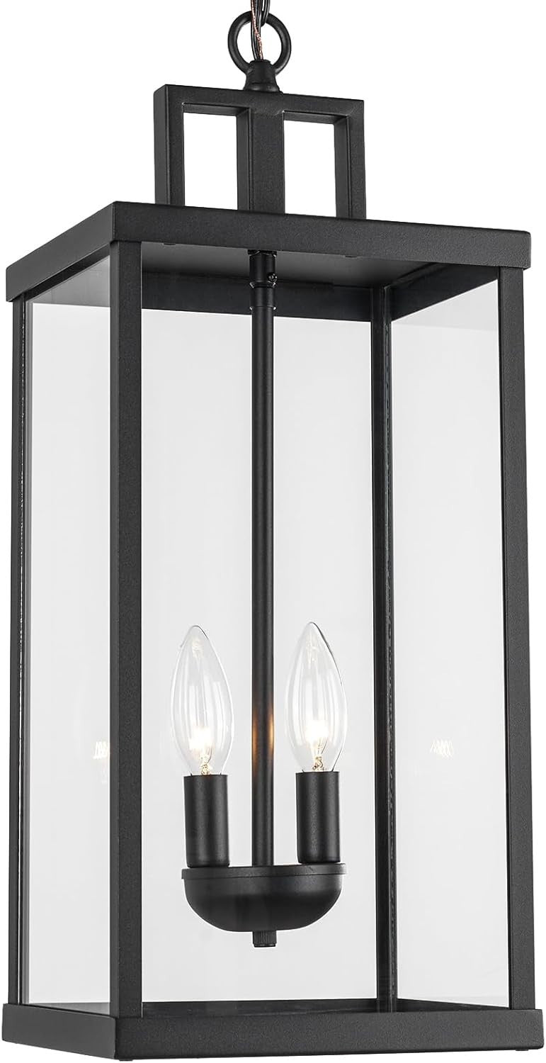 21'' Outdoor Pendant Lantern 2-Light Modern Black Exterior Chandelier Clear Glas