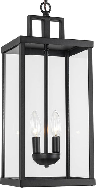 21'' Outdoor Pendant Lantern 2-Light Modern Black Exterior Chandelier Clear Glas