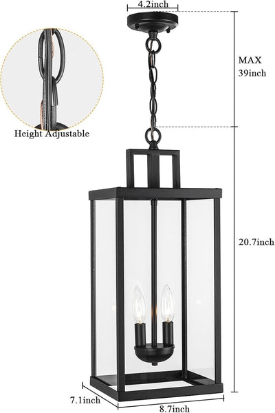21'' Outdoor Pendant Lantern 2-Light Modern Black Exterior Chandelier Clear Glas