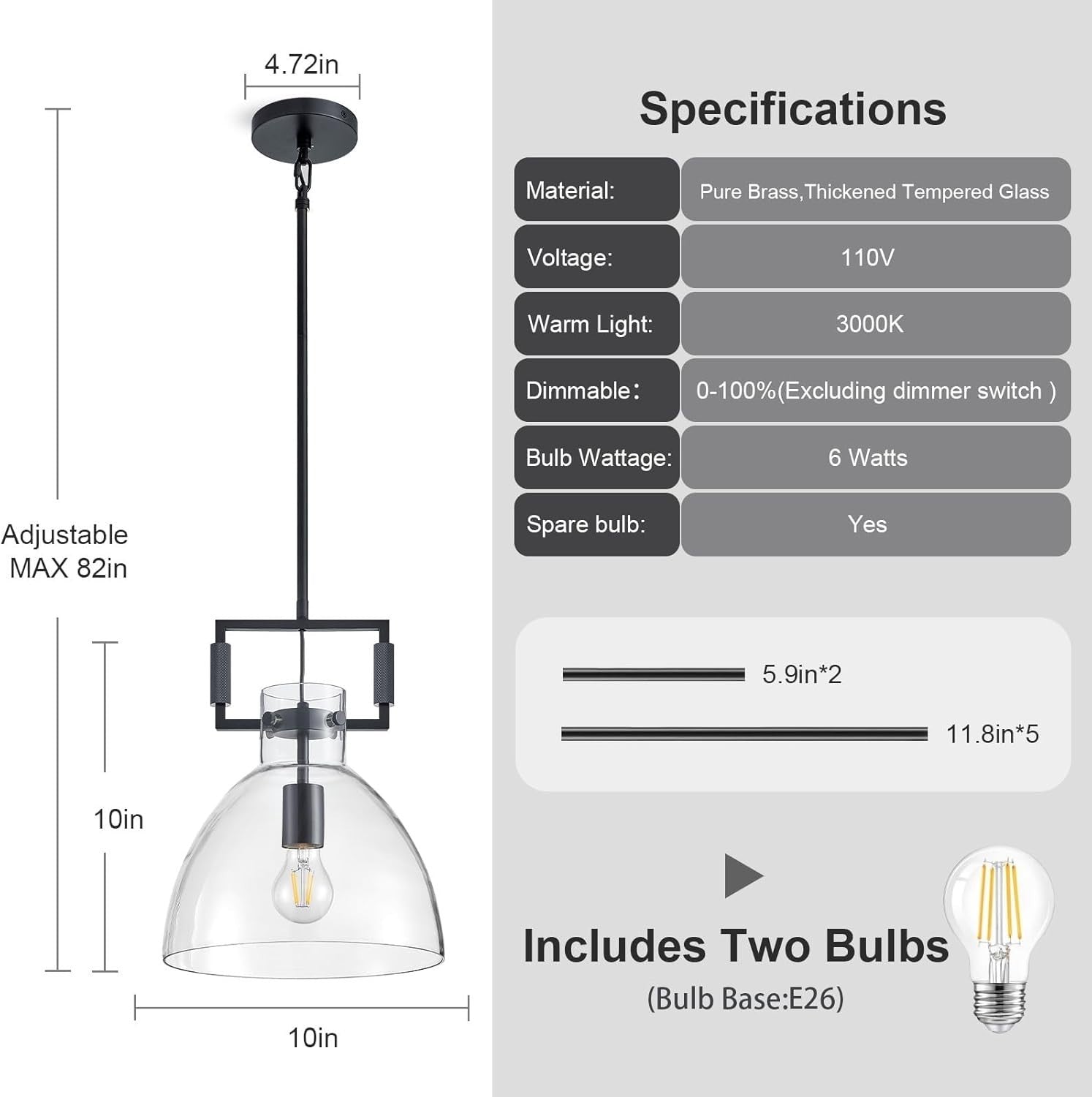 Ykyqqlt Mondern Large Black Kitchen Island Pendant Light 10W 1-Light Glass And
