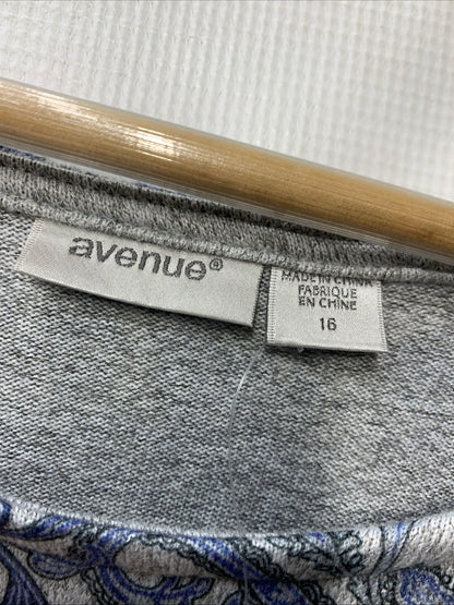 Avenue Women's Plus Size Charlene Side Tie Top Size 16 Gray & Blue Long Sleeve