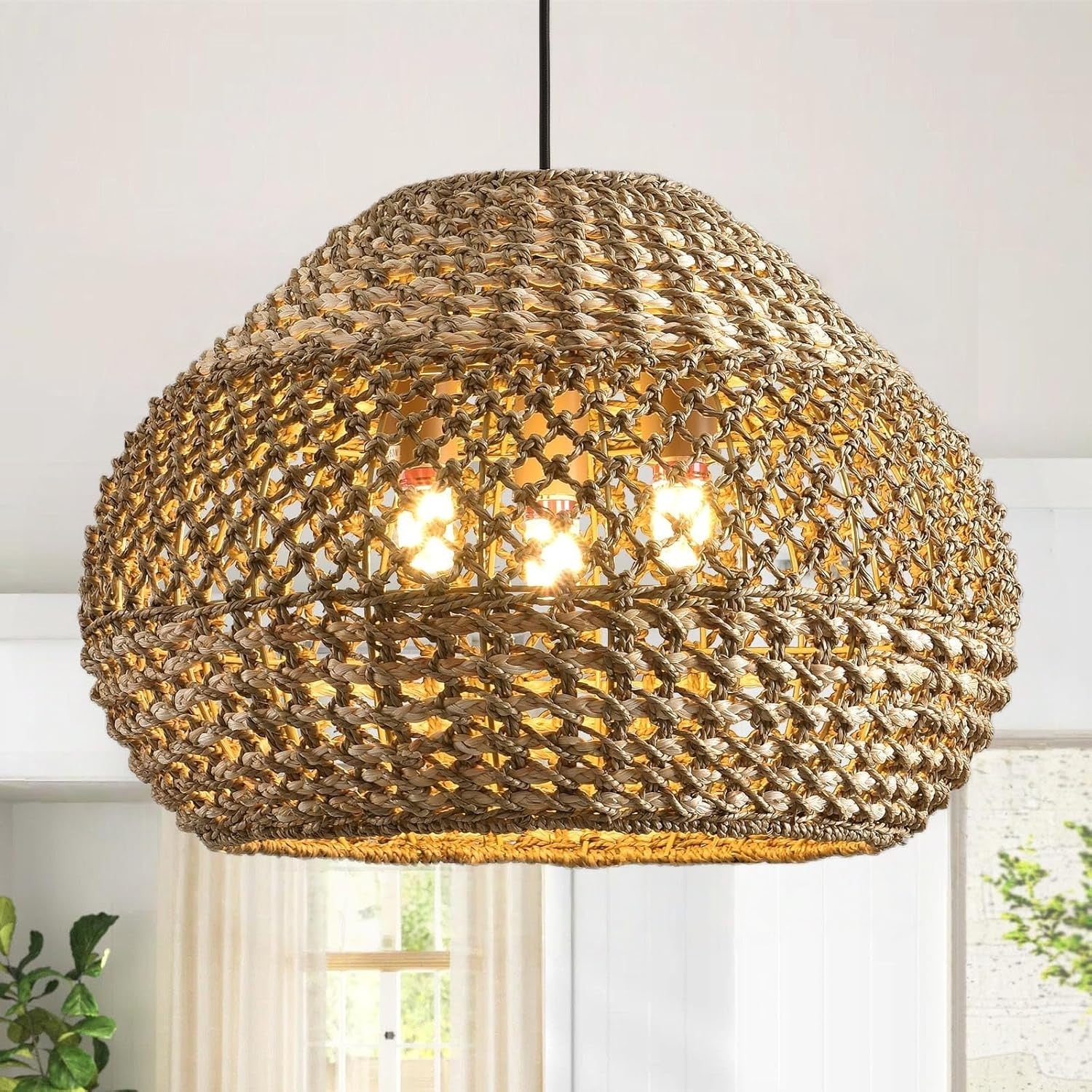 19.29” Large Rattan Pendant Light 3-Light Wicker Chandelier Light Fixture Boho