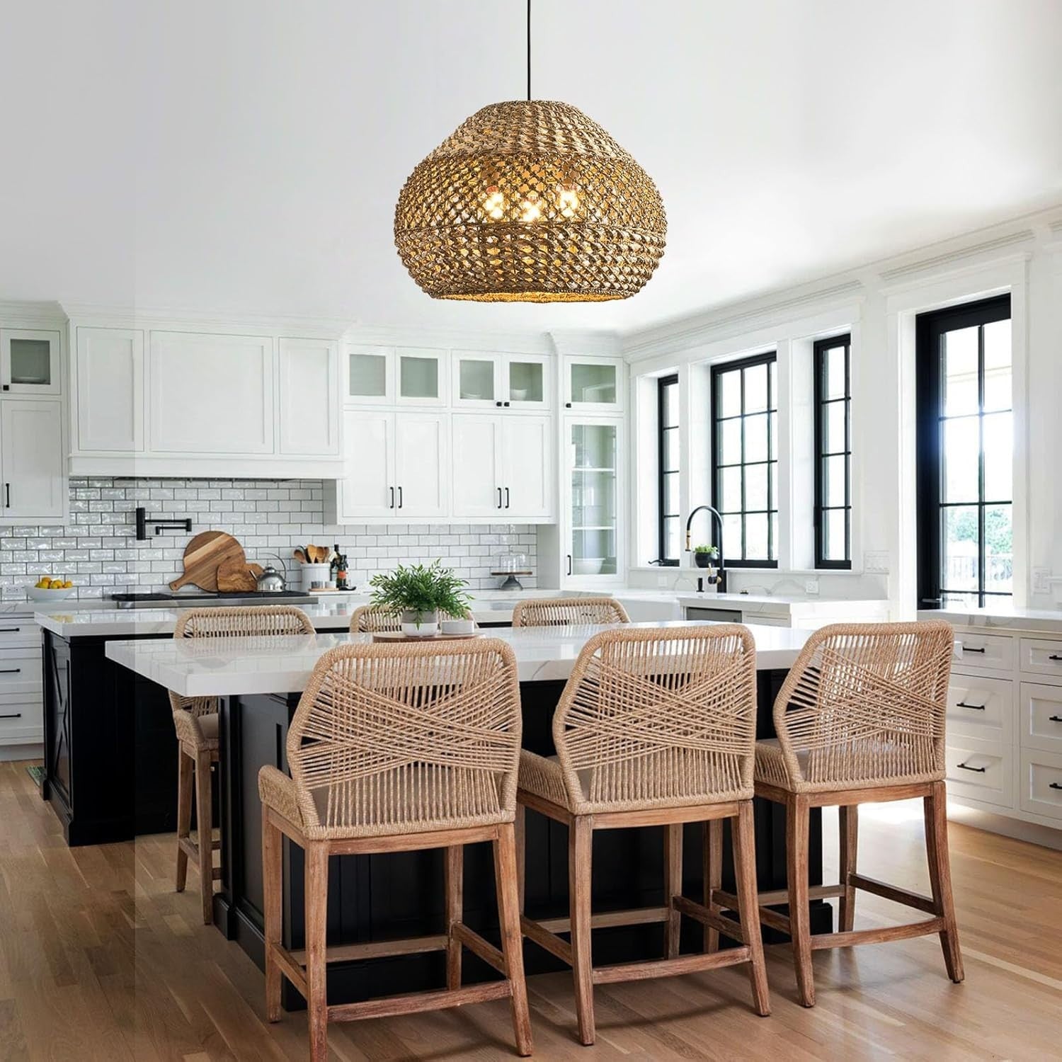 19.29” Large Rattan Pendant Light 3-Light Wicker Chandelier Light Fixture Boho