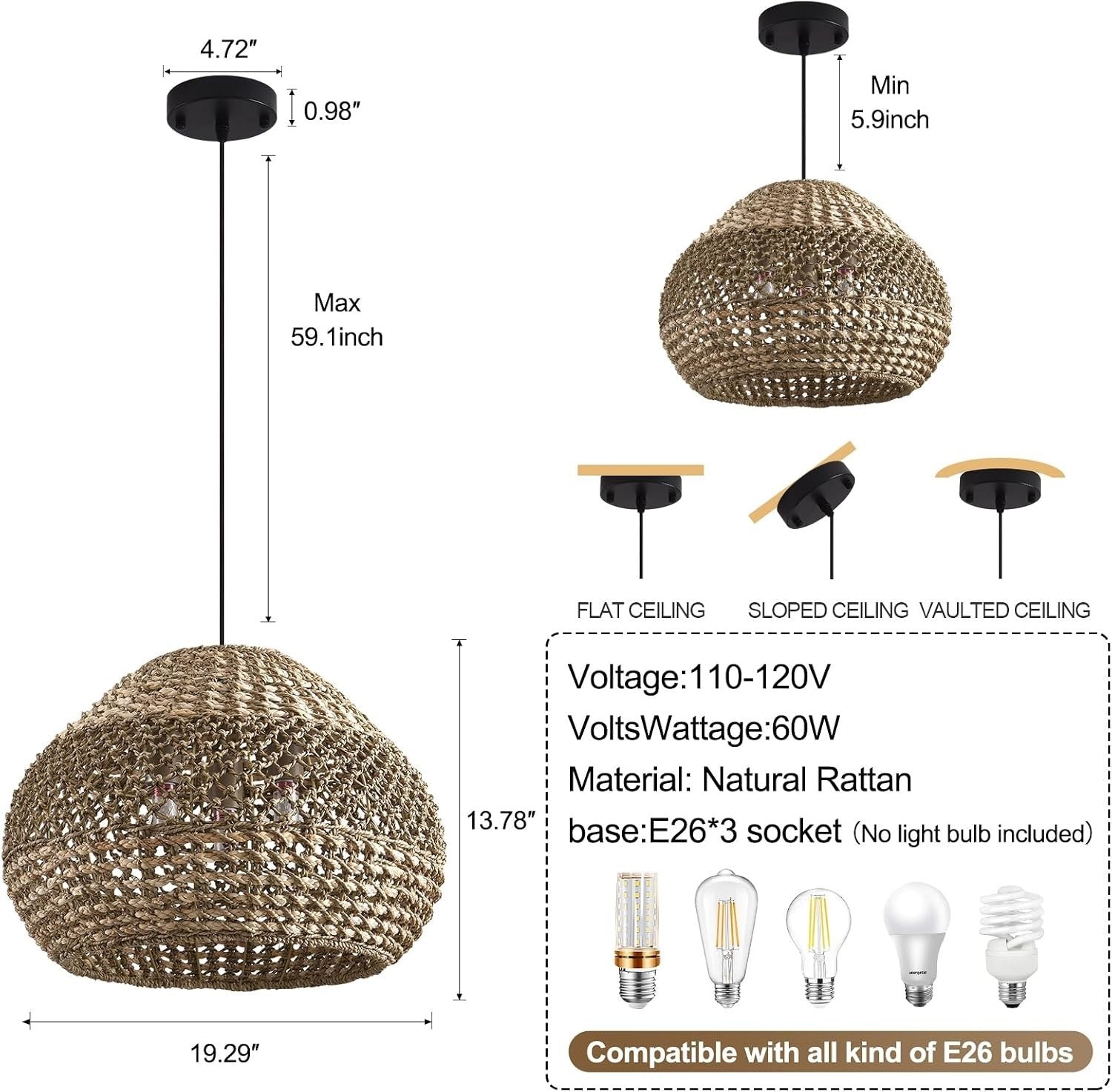 19.29” Large Rattan Pendant Light 3-Light Wicker Chandelier Light Fixture Boho