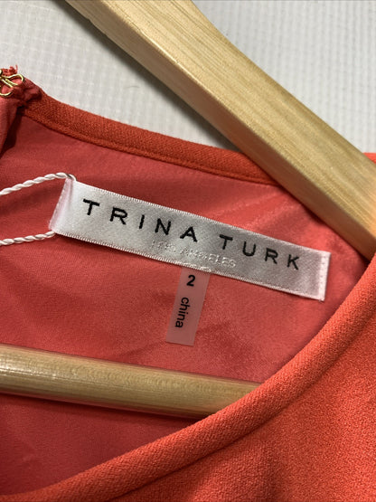 Trina Turk Women's Red Faux Layer Cutout Electric Dress Size 2 Orange Sleeveless