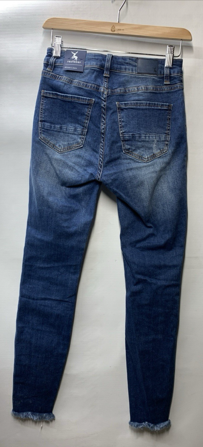 Resfeber Women's Ripped Boyfriend Jeans Stretch Skinny Jean Size 4 Long Pants