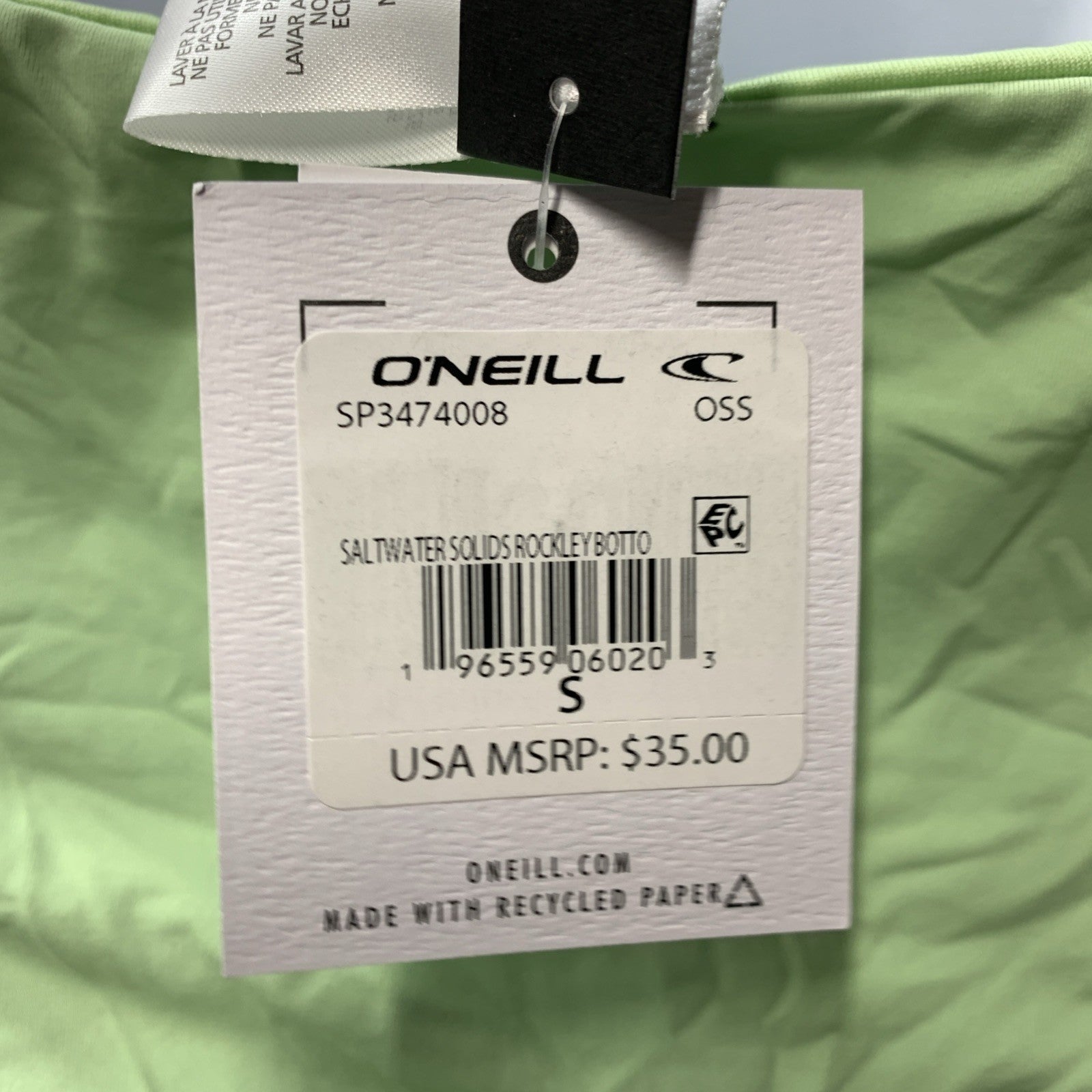 O'Neill Mimosa Saltwater Solids Rockley Bikini Bottom Size S Green Underwear