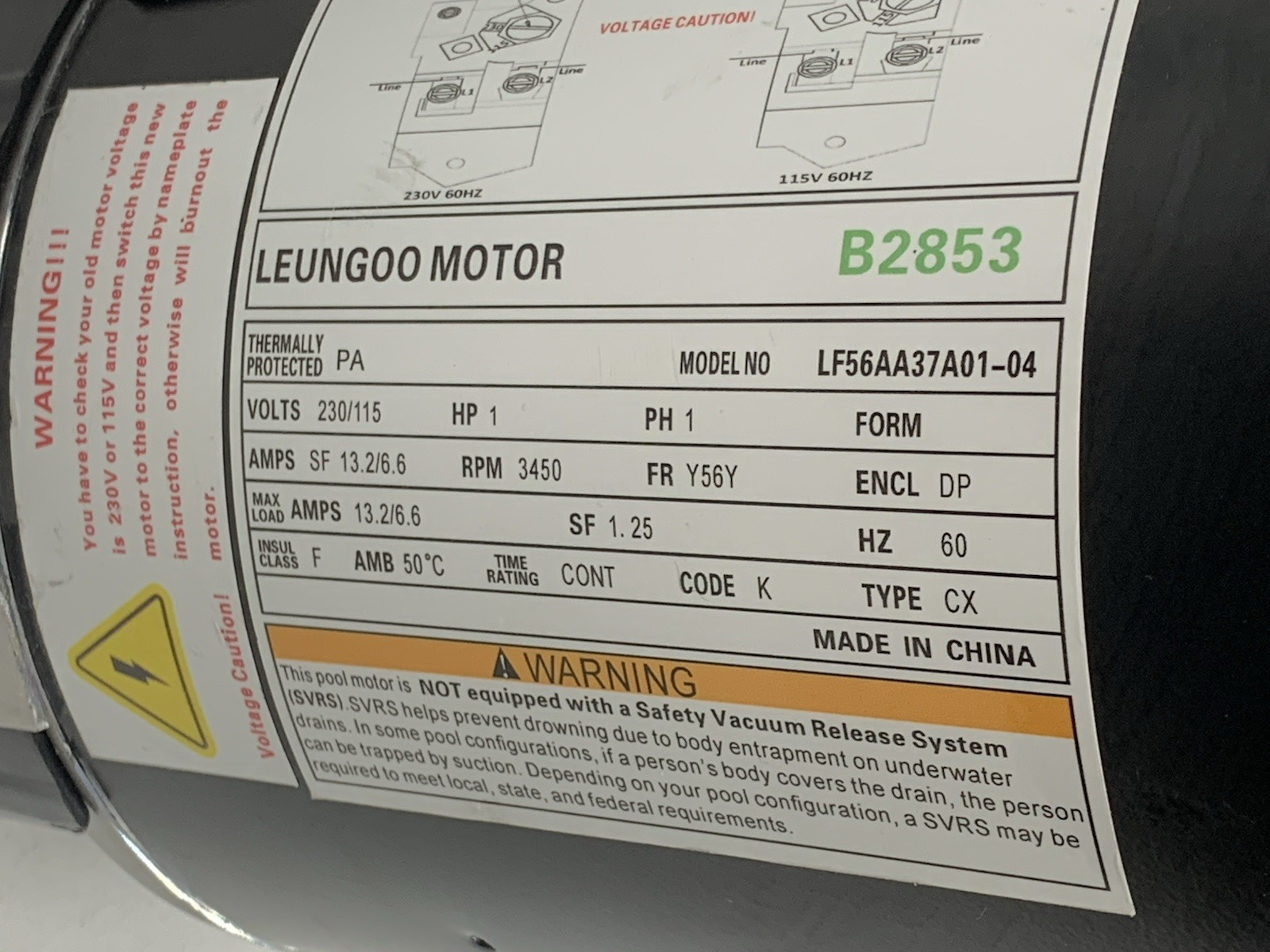 Leungoo B2853 Pool Pump Motor LF56AA37A01-04 230/115V 1HP 3450RPM 60HZ 1PH