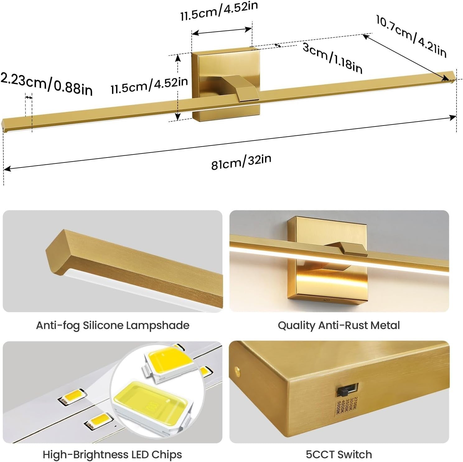 Gold Modern Bathroom Vanity Light 32 Inch 24W Dimmable 5CCT LED Bathroom Lightin
