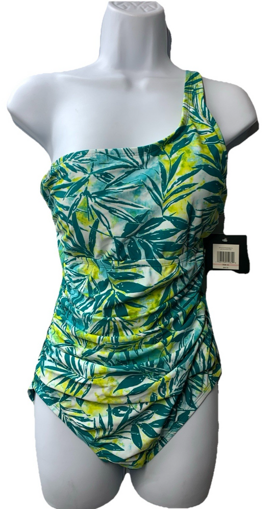 Ellen Tracy One Piece Swimsuit Size 10 Peacock Blue Yellow Over One Shoulder