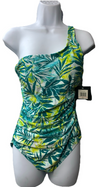 Ellen Tracy One Piece Swimsuit Size 10 Peacock Blue Yellow Over One Shoulder