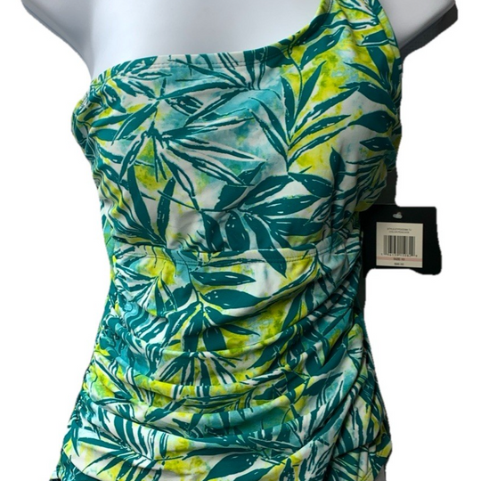 Ellen Tracy One Piece Swimsuit Size 10 Peacock Blue Yellow Over One Shoulder