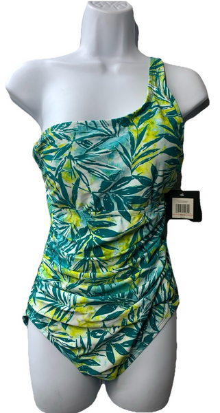 Ellen Tracy One Piece Swimsuit Size 10 Peacock Blue Yellow Over One Shoulder