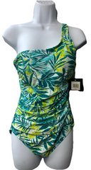 Ellen Tracy One Piece Swimsuit Size 10 Peacock Blue Yellow Over One Shoulder