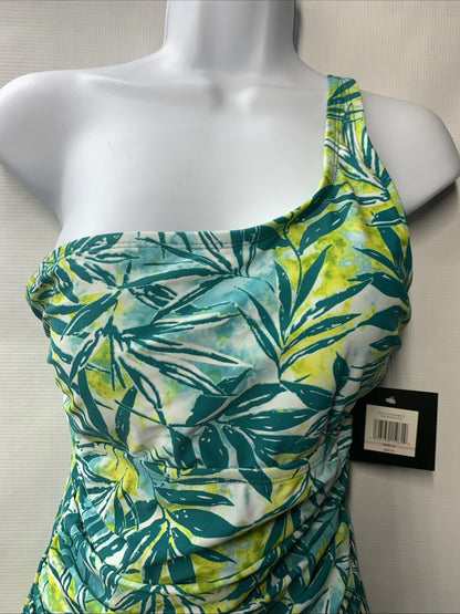 Ellen Tracy One Piece Swimsuit Size 10 Peacock Blue Yellow Over One Shoulder