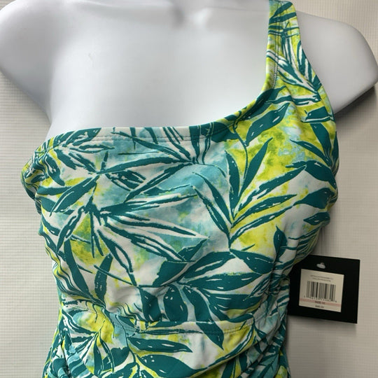 Ellen Tracy One Piece Swimsuit Size 10 Peacock Blue Yellow Over One Shoulder
