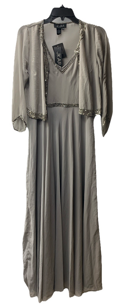 J Kara Women's 2 Piece Set Metallic Beaded Long Jacket Dress, Mercury, Size 16W