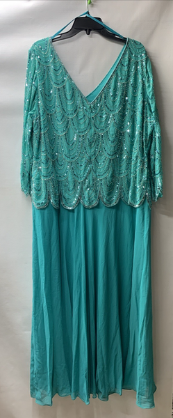 J Kara Women's V-neck Beaded Bodice Pop Over Long Dress, Aqua/Multi, Size 20W