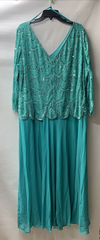 J Kara Women's V-neck Beaded Bodice Pop Over Long Dress, Aqua/Multi, Size 20W