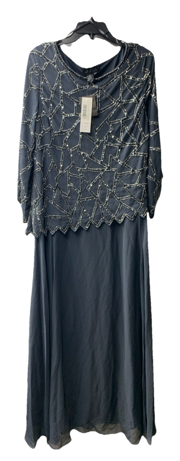 J Kara Women's 3/4 Sleeve Geo Design Long Beaded Gown, Grey/Gun Size 14W Pull On
