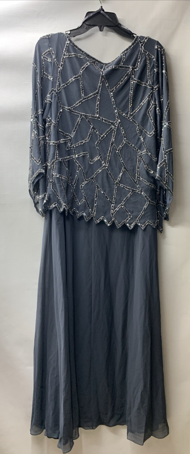 J Kara Women's 3/4 Sleeve Geo Design Long Beaded Gown, Grey/Gun Size 14W Pull On