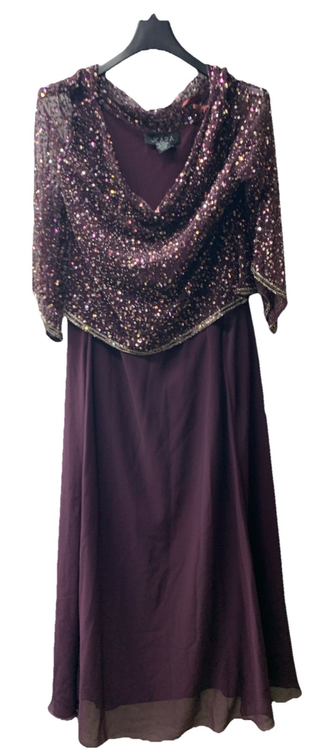 J Kara Women's Petite Long Beaded Formal Dress with Cowl Neck Purple Size 16P