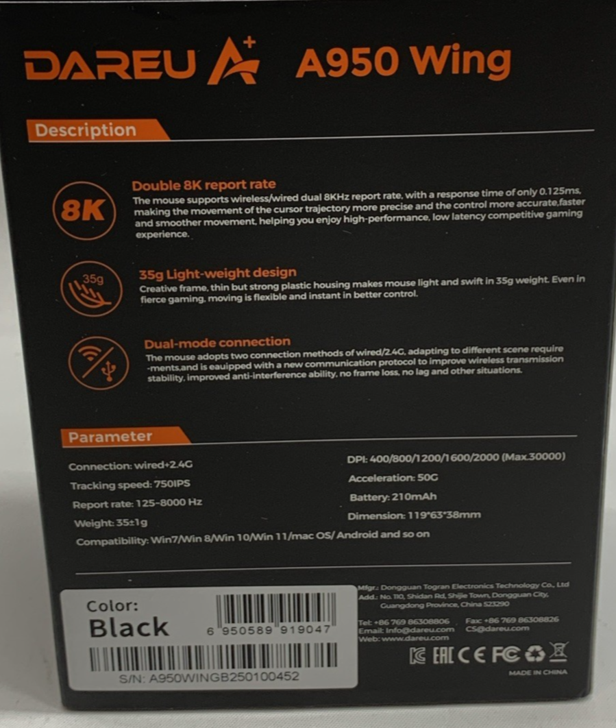 DAREU A950 WING 35g Double 8K Ultralight Wired & Wireless Gaming Mouse Black