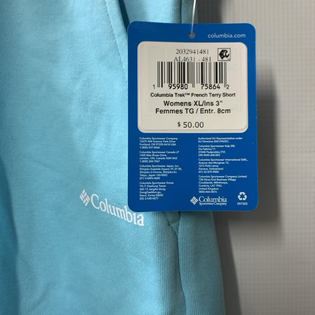 Columbia Trek French Terry Aqua 3" Shorts AL4631-481 Women's Size XL Drawcord